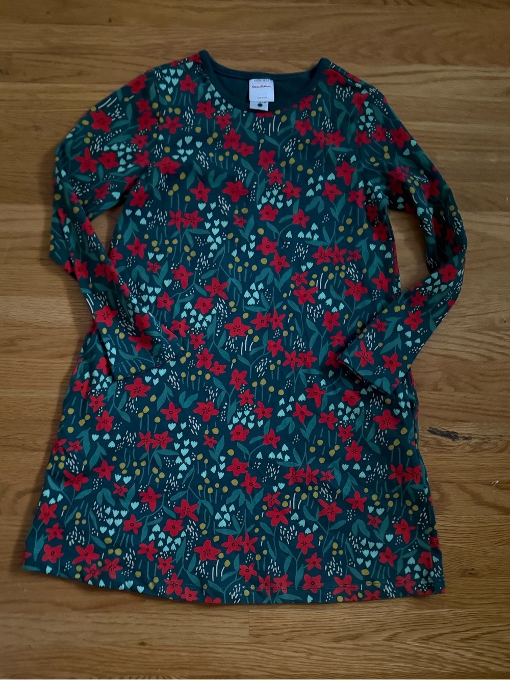 Hanna Andersson Dark Green Long-Sleeve Pocket Dress w/Red Flowers NWOT Sz 6/7